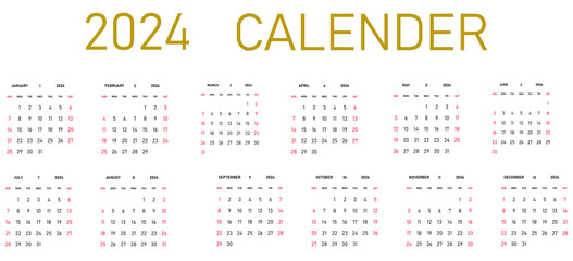 2024 year calendar.
English language option.
week starts with sunday.