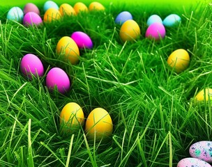 Fototapeta na wymiar Springtime Splendor: Colorful Easter Eggs in the Grass