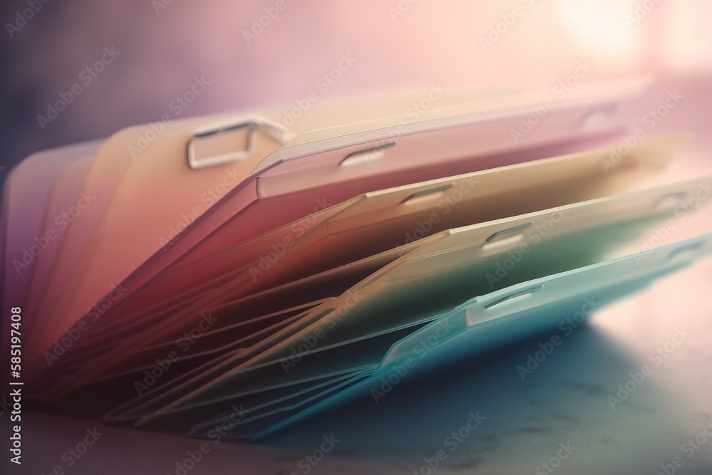 Poster a stack of folders sitting on top of a table next to each other on top of a table top with a blurry 
