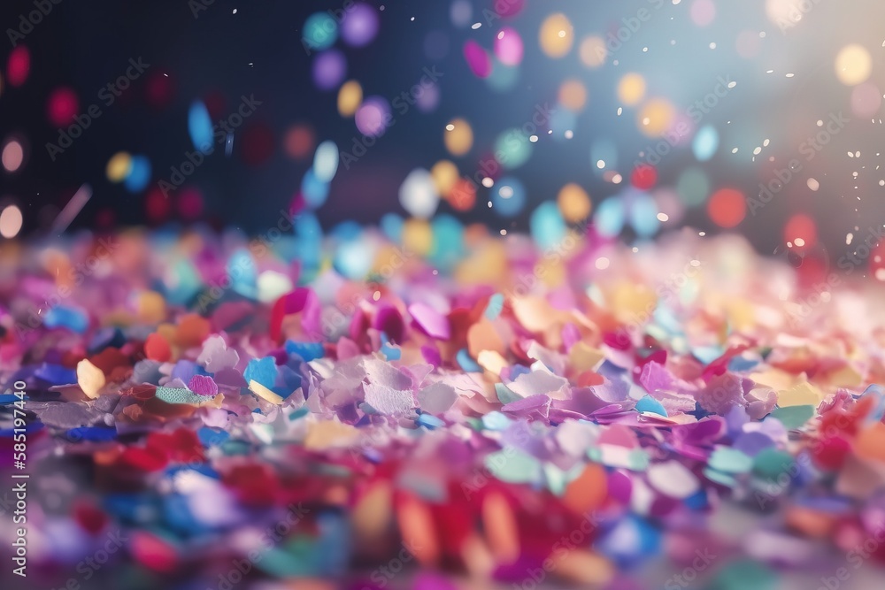 Poster a bunch of colorful confetti on a black background with a blurry effect to the top of the image and 