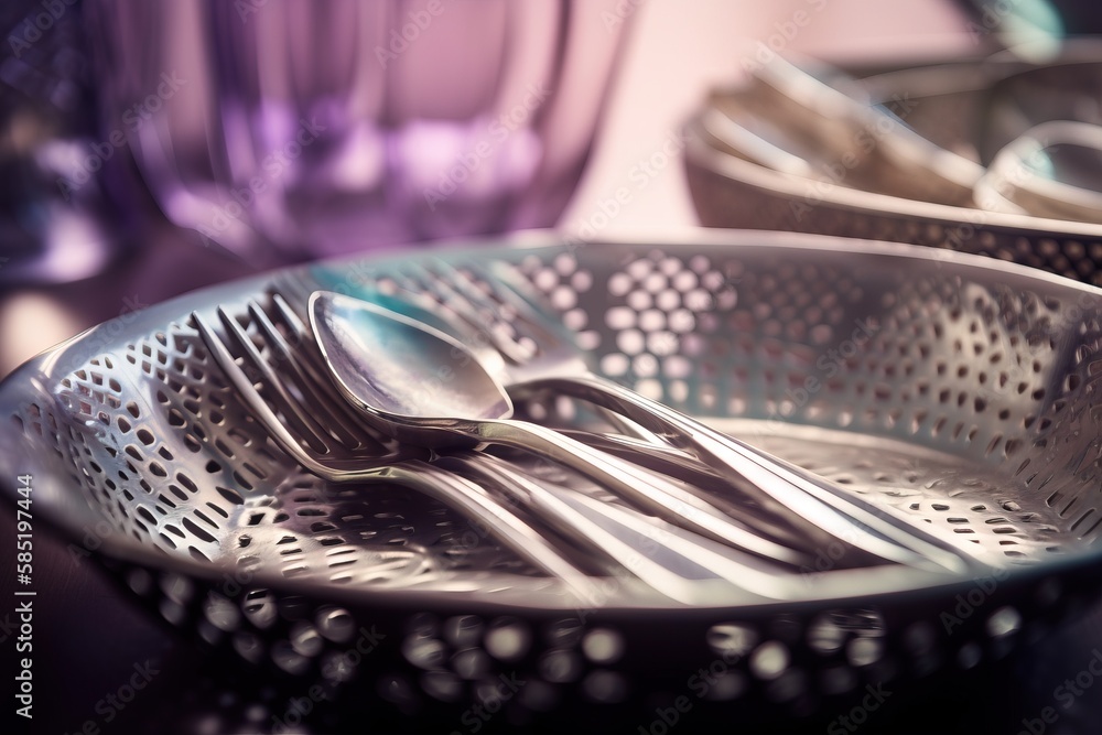Poster a close up of a metal plate with utensils in it and a glass cup in the background with utensils in t