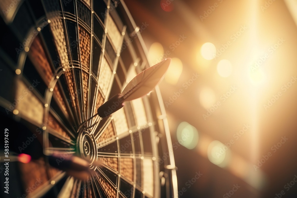 Poster a close up of a dart hitting a bulls eye in the center of a dart's head with the sun shining in the 