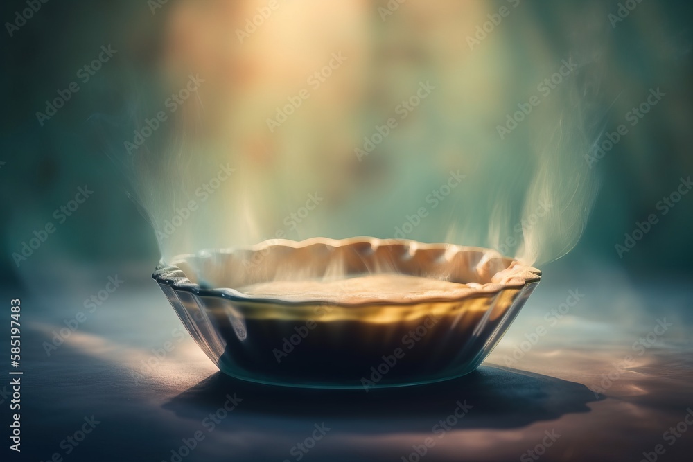 Poster a pie pan with a lot of smoke coming out of the top of it on a table with a blurry background of the