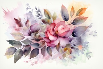 Obraz na płótnie Canvas a watercolor painting of a pink flower with leaves on a white background with a watercolor splash of pink and green leaves on the bottom. generative ai