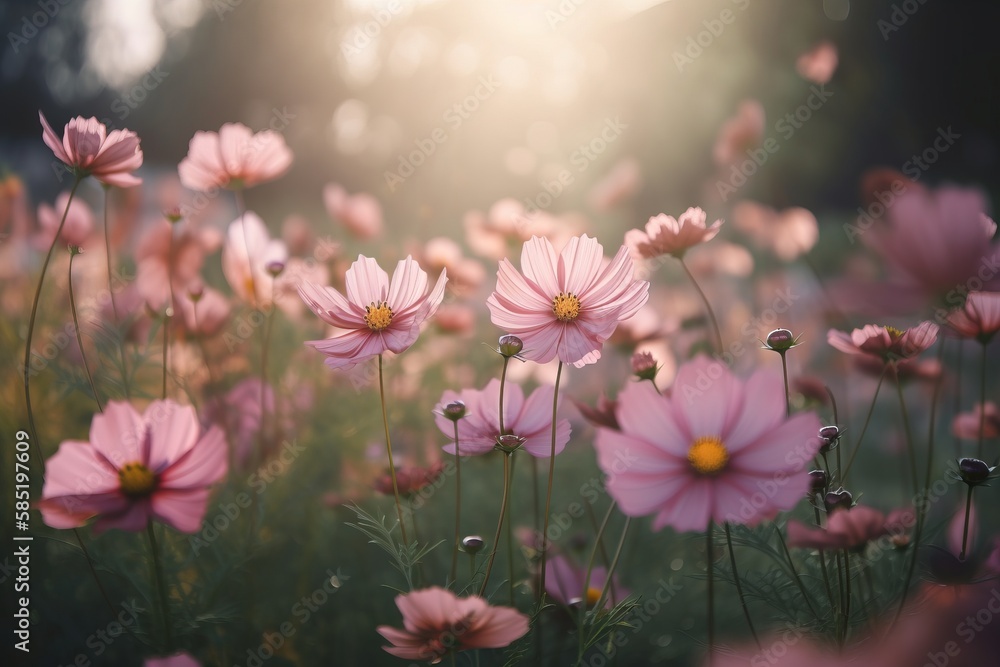 Poster a field full of pink flowers with the sun shining through the trees in the background and a field of