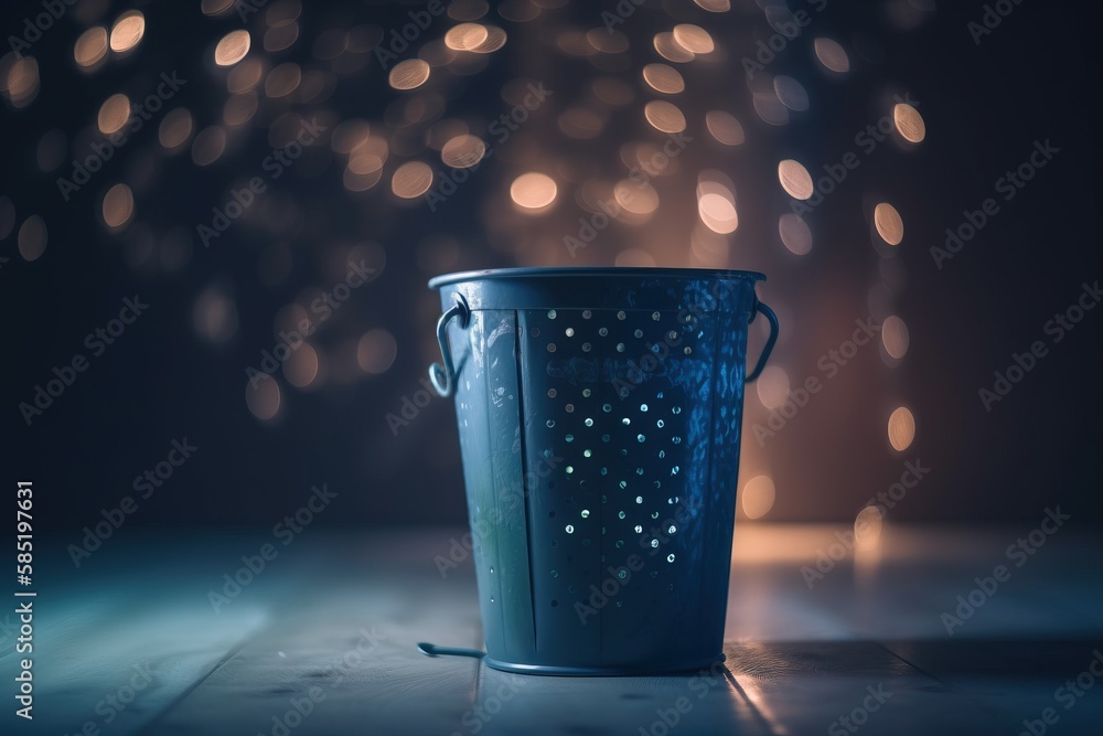 Aufkleber a blue bucket sitting on top of a wooden table next to a firework display of lights in the dark sky 