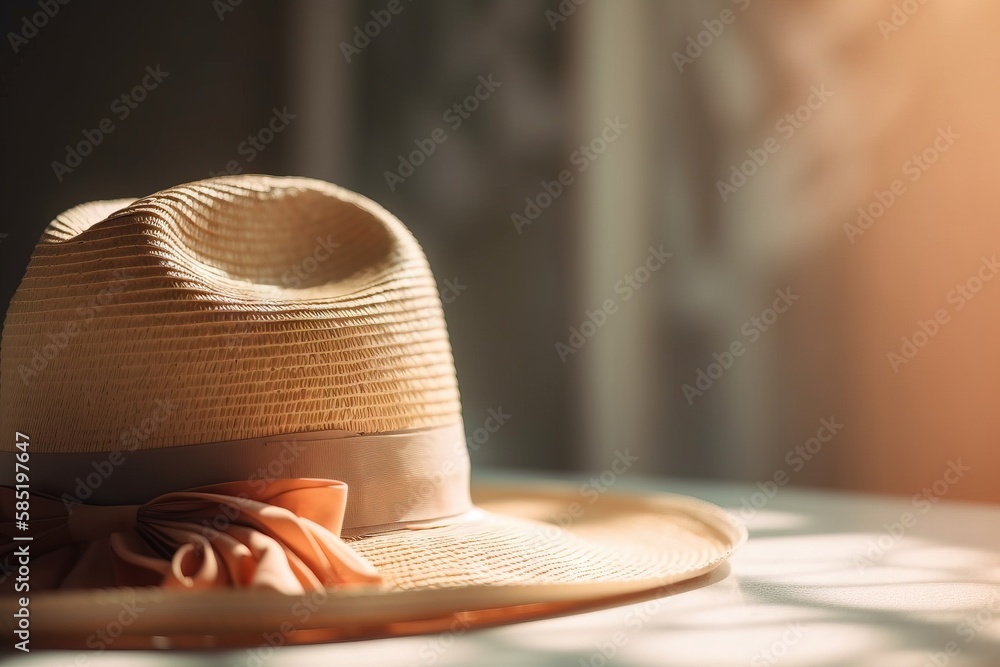 Poster a hat with a bow on top of it on top of a table with a window in the backgrouf of it and a light shi