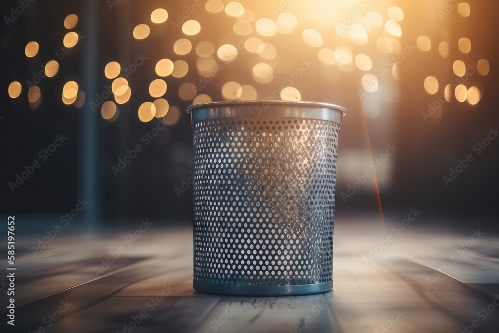 Poster a metal trash can sitting on a wooden floor with a lot of lights in the background of the image in t