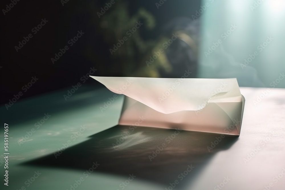 Poster a paper boat sitting on top of a table next to a light fixture and a window in the back of a room wi