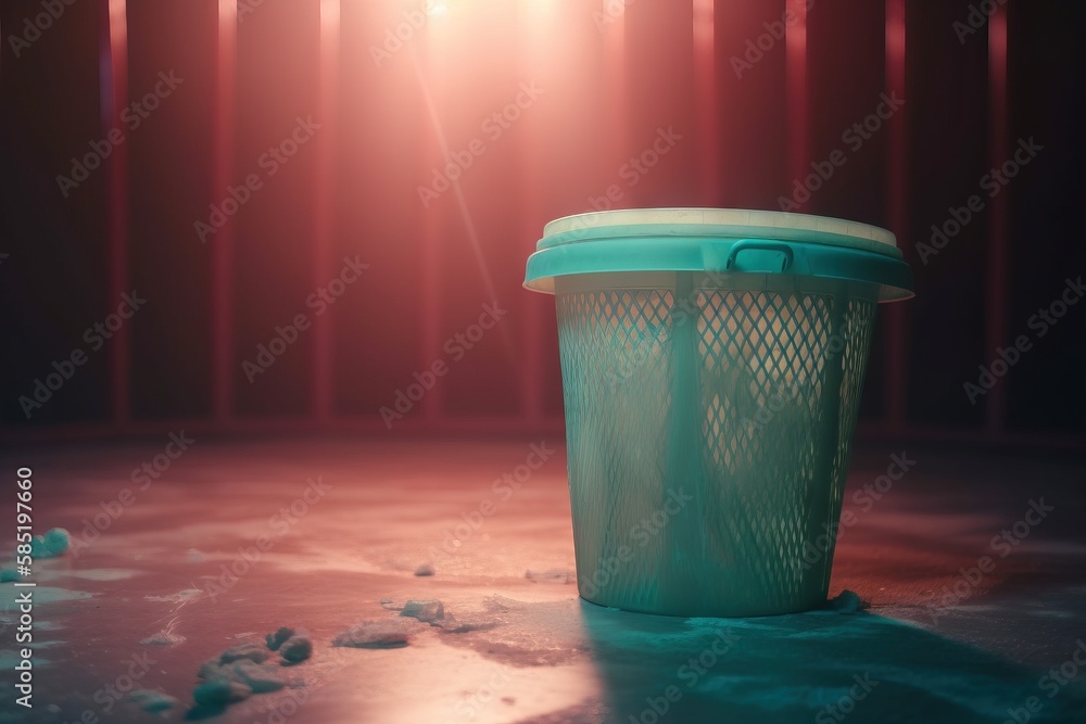 Poster a trash can sitting in the middle of a floor with snow on the ground and a light shining on the floo