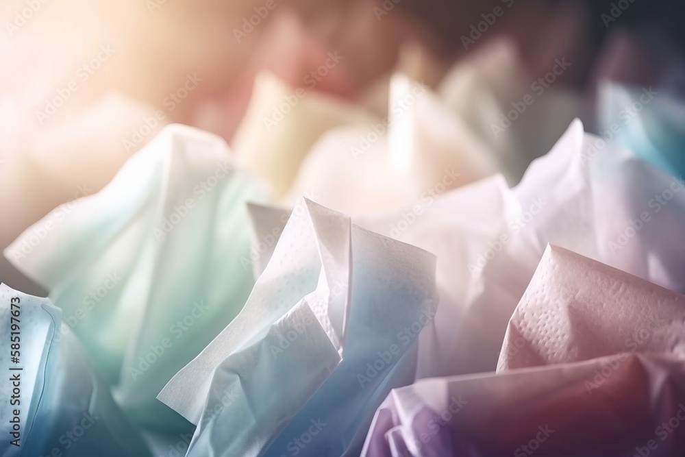 Poster a close up of a bunch of tissue paper folded in different colors and sizes, with a blurry background