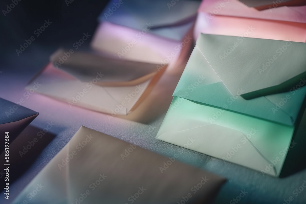 Aufkleber a bunch of different colored envelopes on a blue surface with a green ribbon on top of one of the en