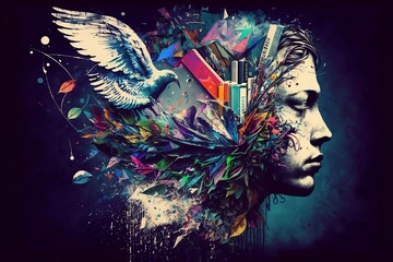 A head made of books and notebooks with a bird flying in the same direction as the face.