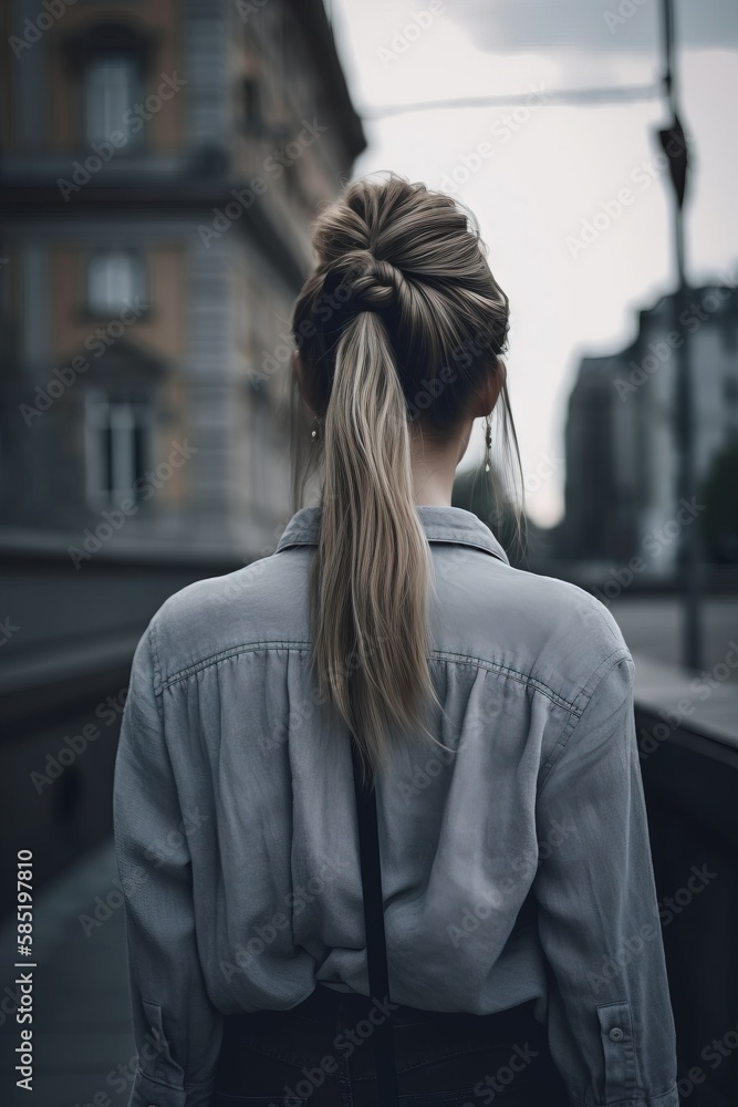 Poster a woman with a ponytail standing on a sidewalk in a city with a building in the background and a tra