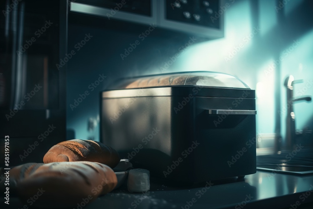 Poster a loaf of bread sitting on top of a counter next to a toaster and a knife on a counter top next to a