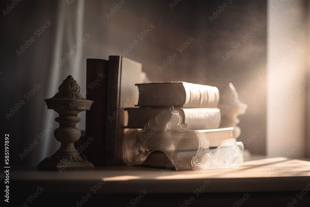 Poster a stack of books sitting on top of a table next to a candle and a vase on top of a table next to a w