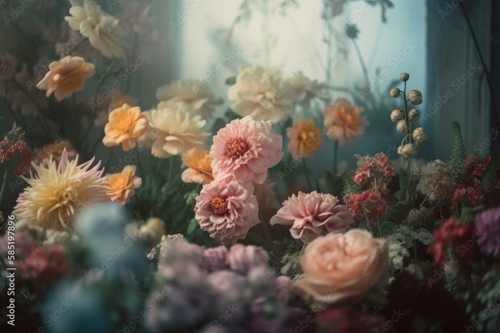 Poster a bunch of flowers that are in a vase on a table with a window in the back ground and a window in th