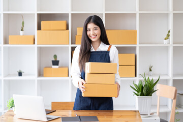 Young entrepreneur, Teenager online business, owner work at home, parcel delivery