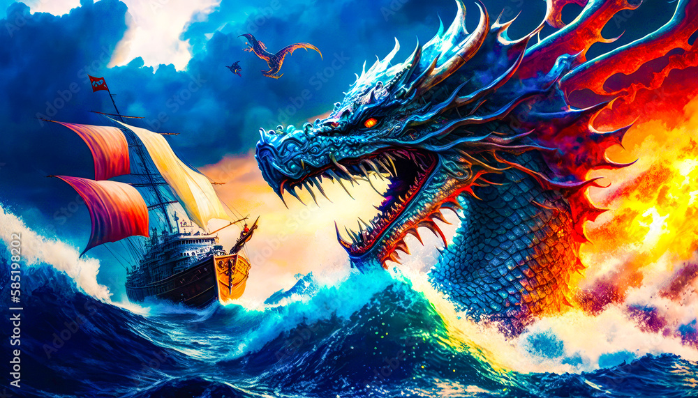 Poster dragon attacking ship in the ocean. fantasy. generative ai.