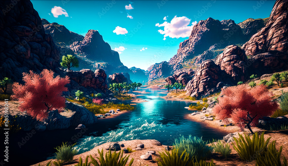 Aufkleber computer generated image of river surrounded by mountains. generative ai.