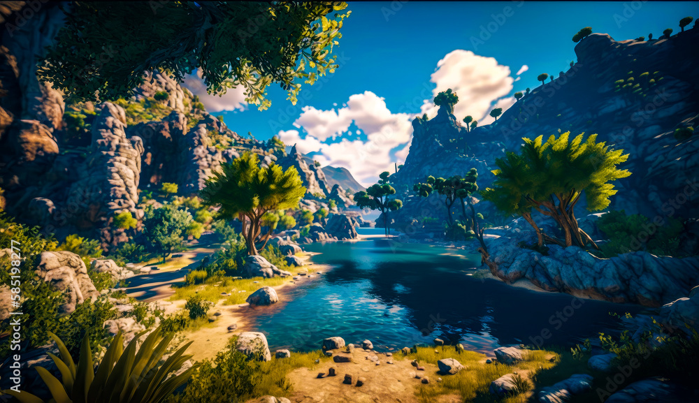Aufkleber computer generated image of lake surrounded by trees. generative ai.