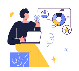 Office worker. Man is working at his laptop and the infographics on the background. Blue, yellow. Isolated flat vector illustration