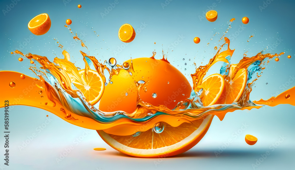 Poster an orange with water splashing out of it. generative ai.