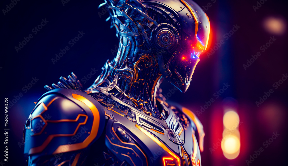 Poster robot with glowing eyes and helmet. generative ai.