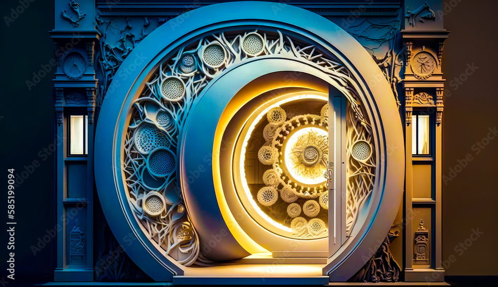 Poster an illuminated door in the shape of spiral. generative ai.