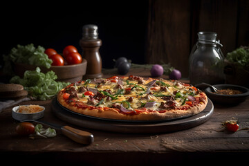 pizza with salami and tomatoes