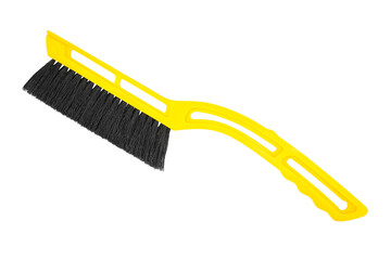 Yellow plastic winter car snow brush isolated on white background