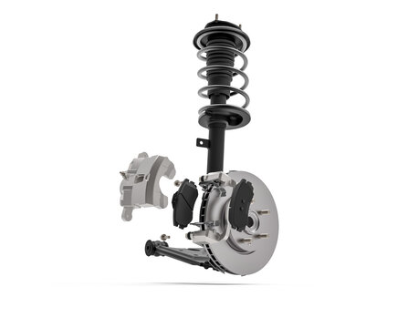 Car brake system exploded view. Front brake system with suspension assembly.