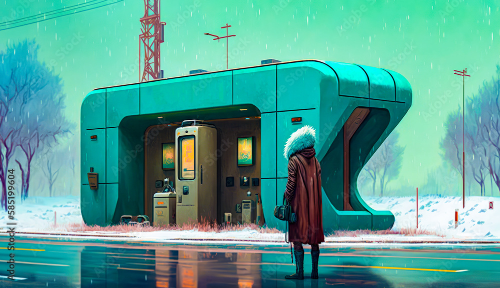 Aufkleber person standing in front of building in the snow. generative ai.