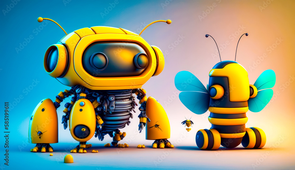 Poster robot and bee standing next to each other. generative ai.
