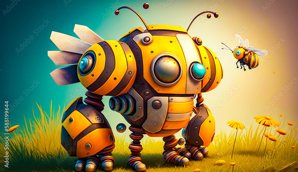 Poster yellow and black robot standing on top of grass covered field. generative ai.