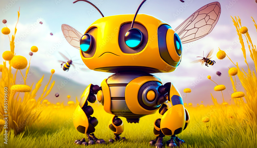 Poster yellow and black robot standing in field. generative ai.