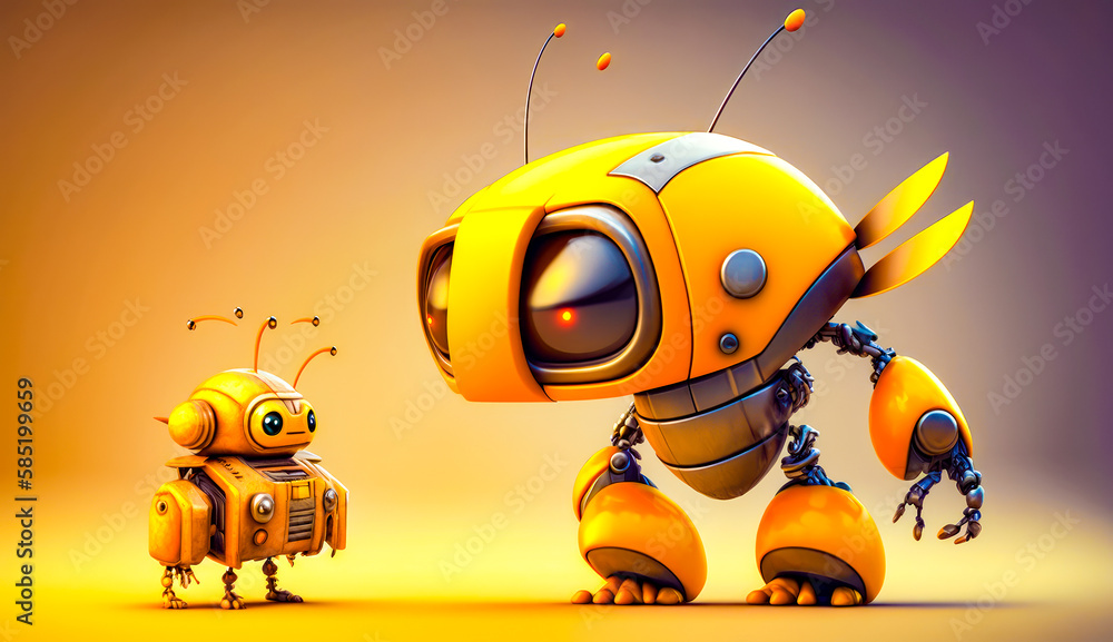 Poster yellow robot standing next to small robot. generative ai.