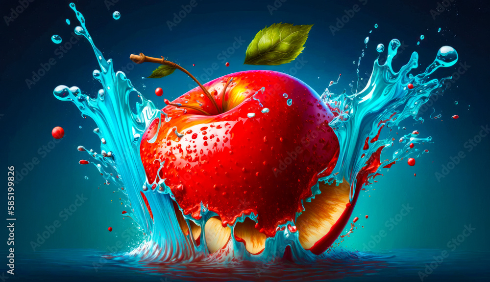 Poster an apple is splashing into the water. generative ai.