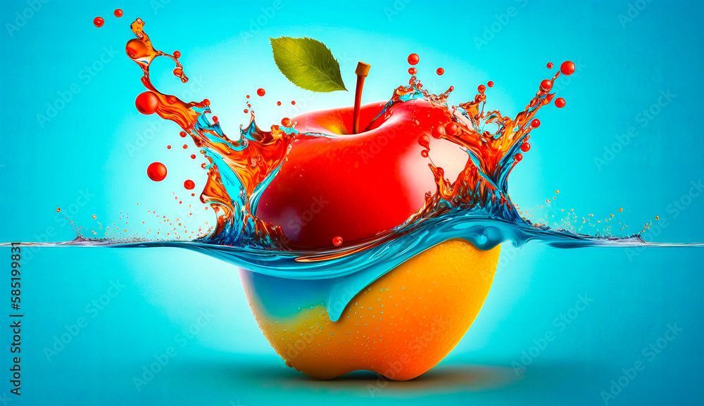 Poster an apple is splashing into the water. generative ai.