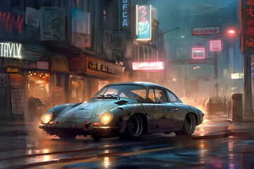 Obraz premium Rusty old sport car on the street, painting style, dieselpunk, time-damaged car, Generative AI