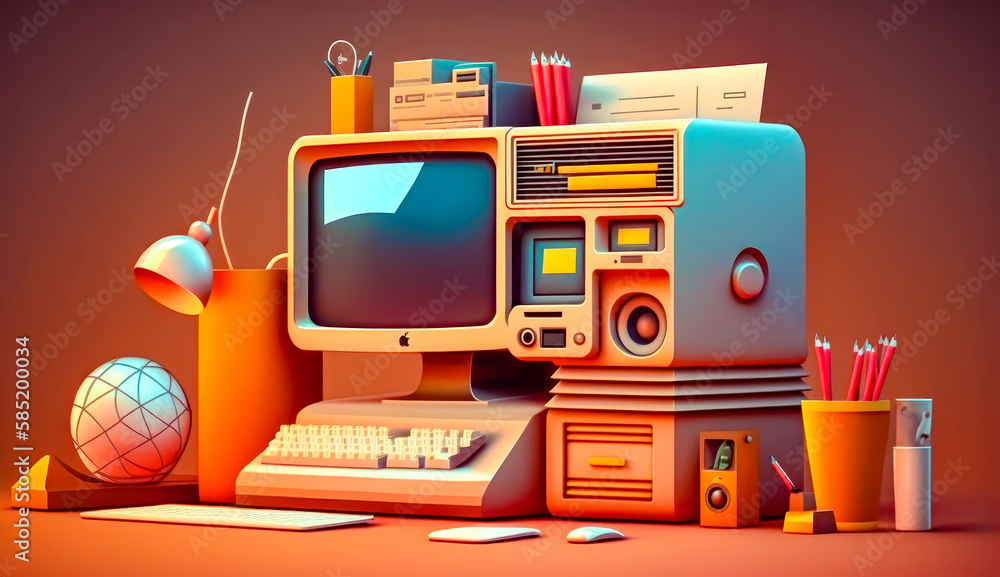 Poster desktop computer sitting on top of desk. generative ai.