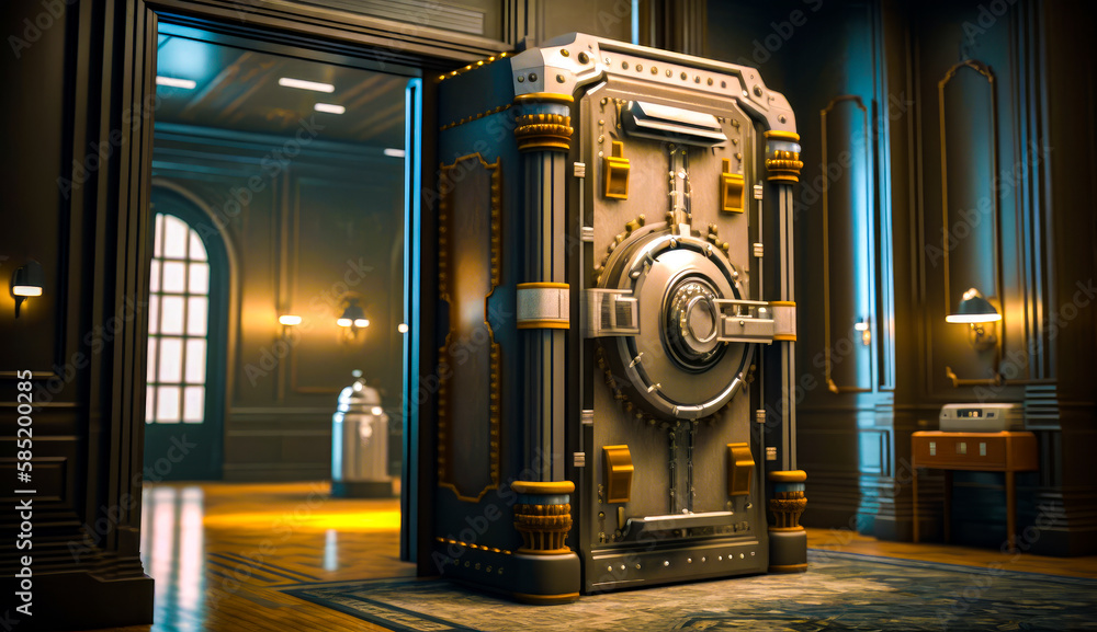 Poster room with large door and clock on the wall. generative ai.