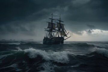 Obraz premium Old sail ship braving the waves of a wild stormy sea at night. Generative AI.