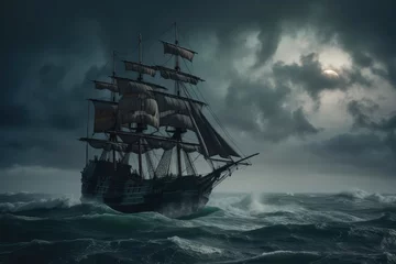 Wall murals Schip Old sail ship braving the waves of a wild stormy sea at night. Generative AI.