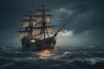 Plakat Old sail ship braving the waves of a wild stormy sea at night. Generative AI.