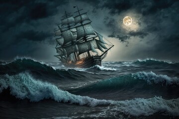 Old sail ship braving the waves of a wild stormy sea at night with full moon. Generative AI.