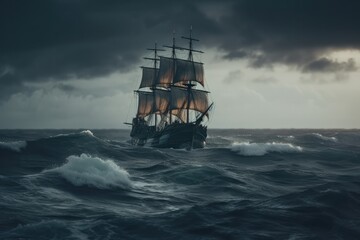 Obraz premium Old sail ship braving the waves of a wild stormy sea at night. Generative AI.