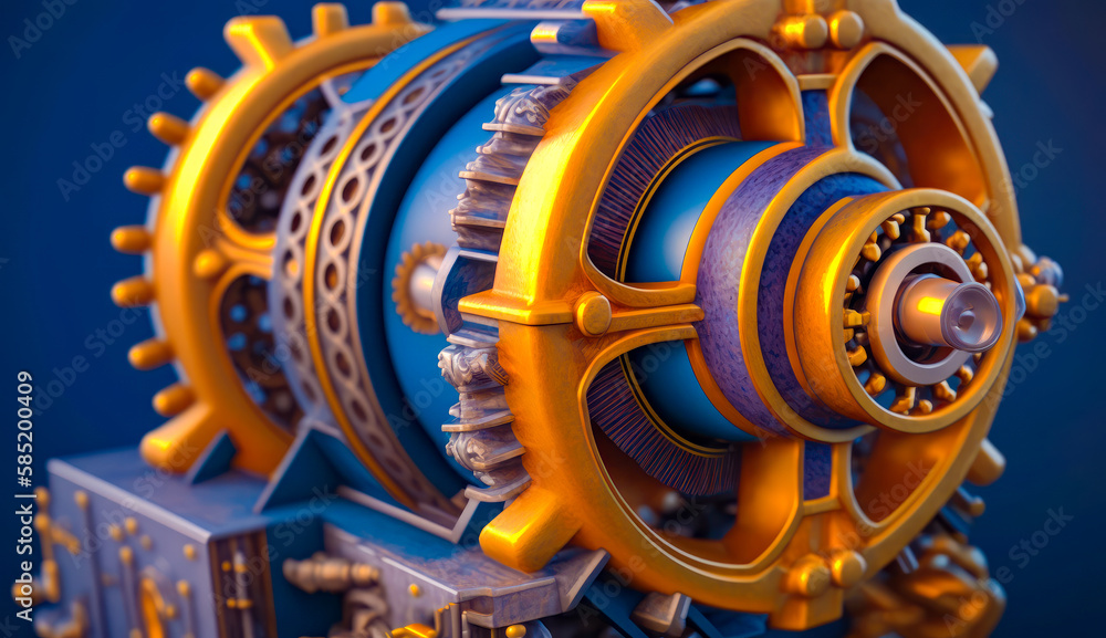 Poster close up of mechanical device on blue background. generative ai.
