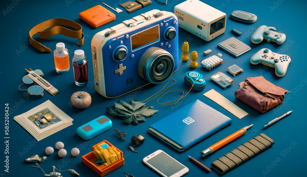 Aufkleber blue camera surrounded by many different items. generative ai.
