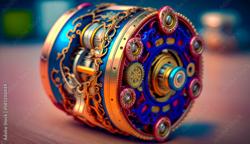 Poster close up of mechanical object on table. generative ai.